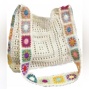 Boho Crochet Knit Beach Tote Bag Multicolor Strap NEW